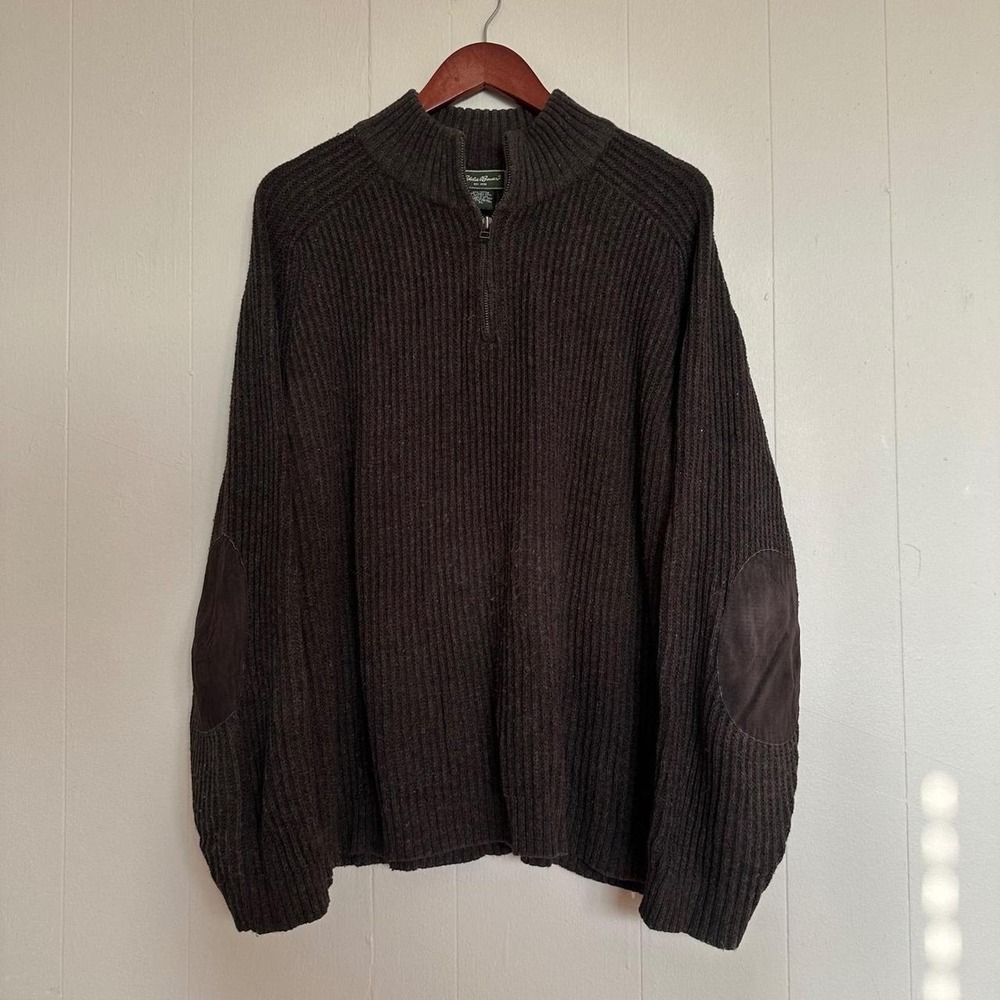 Vintage 90s Eddie Bauer Quarter Zip Sweater Size XL Brown Elbow Patches